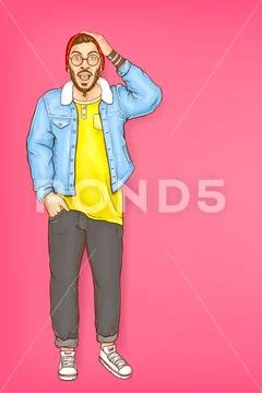 Vector shocked man, hipster with open mouth Stock Illustration