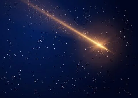 Vector shooting star with a twinkling tail on a black background with stars. Stock Illustration