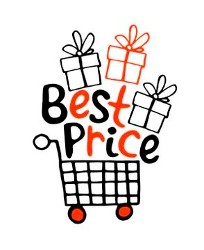 Vector Shopping cart with image of gift boxes and lettering Best price. Hand  Stock Illustration