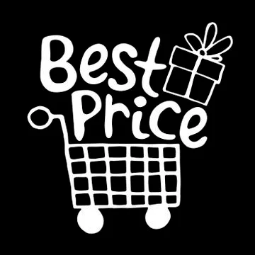 Vector Shopping cart with image of gift box and lettering Best price. Hand dr Stock Illustration