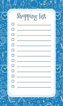 Vector shopping list template with school items background in doodle style. Memo Stock Illustration