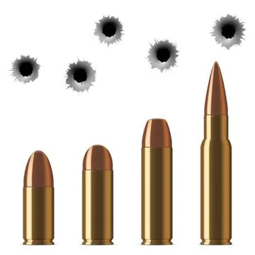 Vector shot gun bullets and bullet holes isolated on white Stock Illustration