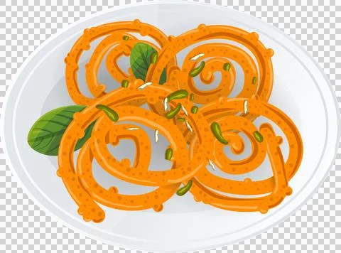 Vector showing orange jalebis on white plate on transparent with mint-pistachio Stock Illustration