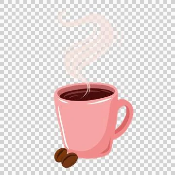 Vector is showing steaming pink coffee mug with dark coffee, cream steam, beans Illustration