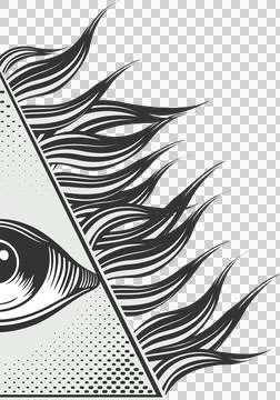 Vector is showing stylized eye in halftone triangle casting flame rays over Illustrazione stock