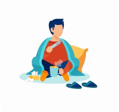 Vector of a sick man with a thermometer wrapped in blanket Stock Illustration