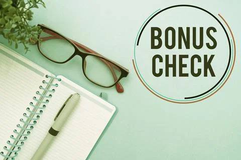 Vector of sign 'Bonus check' in circle near glasses and notebook with pen in gre Stock Photos