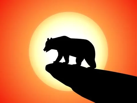 Vector silhouette bear on a rock on a sunset Stock Illustration