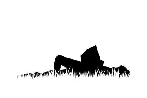 Vector silhouette of boy read book in the grass on white background. Stock Illustration
