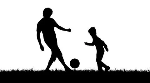 Vector silhouette of boy who plays football on white background. Illustrazione stock