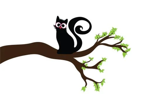 Vector silhouette of branch with cat on white background. Symbol of nature. 스톡 일러스트