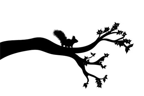 Vector silhouette of branch with squirrel on white background. Symbol of natu Stock Illustration