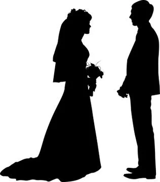 Vector silhouette of a bride and groom who holds a bouquet of flowers. The co Stock Illustration