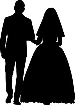 Vector silhouette of a bride and groom holding hands. The wedding couple is l Stock Illustration