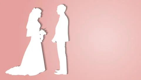 Vector silhouette of a bride and groom who holds a bouquet of flowers. The co Stock Illustration