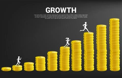 Vector silhouette of businessman run on column of money graph. Concept of ris Stock Illustration