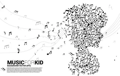 Vector silhouette of child from dancing flow shape music note . Concept backg Stock Illustration