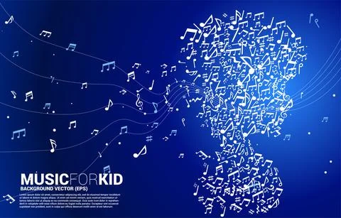 Vector silhouette of child from dancing flow shape music note . Concept backg Stock Illustration