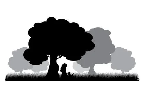 Vector silhouette of child sitting under tree and read book on white backgrou Stockillustratie