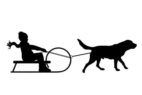 Vector silhouette of child who pulls dog on slegde on white badkground. Symbo 스톡 일러스트