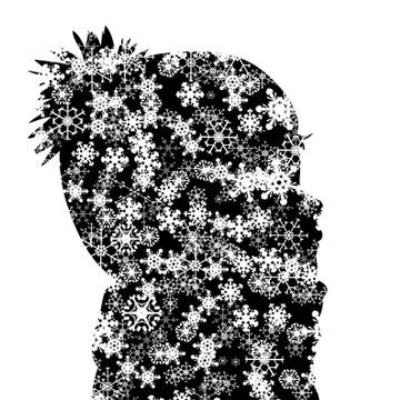 Vector silhouette of child with winter cap and snowflakes. Stock Illustration