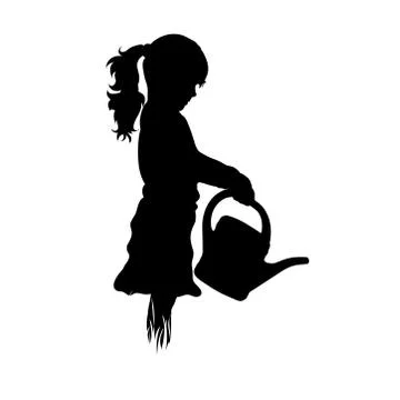 Vector silhouette of child work in the garden on white background. Symbol of  Ilustración de archivo