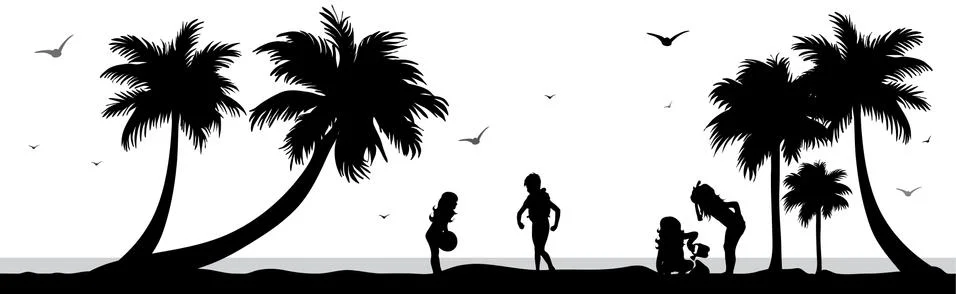 Vector silhouette of children playing on palm beach on white background. Symb イラスト素材