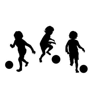 Vector silhouette of children playing soccer isolated grouped objects over Stock Illustration