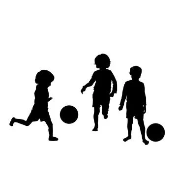 Vector silhouette of children playing soccer isolated grouped objects over Stock Illustration