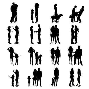 Vector silhouette of collection of people in different pose on white backgrou Stock Illustration