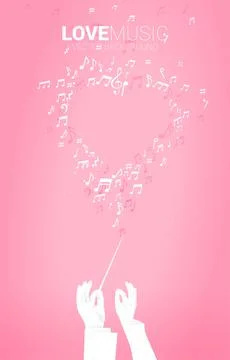 Vector silhouette of conductor hand hold baton stick with music melody note d Stock Illustration