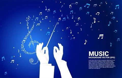 Vector silhouette of conductor hand with music melody shape sol key note danc Ilustração Stock