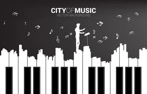 Vector silhouette of conductor with piano key shaped the the big city outline Stock Illustration