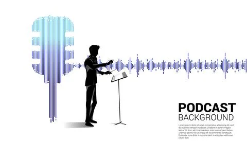 Vector silhouette of conductor with Sound wave microphone icon Equalizer back Stock Illustration