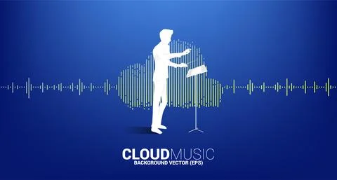 Vector silhouette of conductor standing with Cloud music and sound technology Stock Illustration
