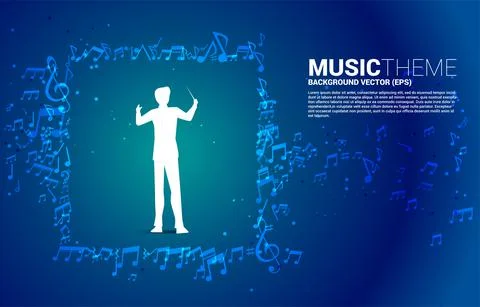 Vector silhouette of conductor standing with flying music note . Concept back Stock Illustration