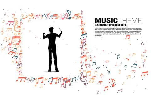 Vector silhouette of conductor standing with flying music note . Concept back Stock Illustration