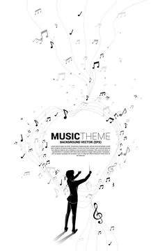 Vector silhouette of conductor standing with flying music note . Concept back Stock Illustration