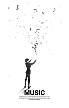 Vector silhouette of conductor standing with flying music note . Concept back Stock Illustration