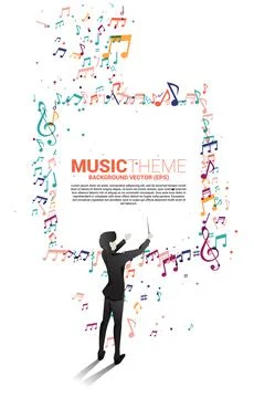 Vector silhouette of conductor standing with flying music note . Concept back Stock Illustration
