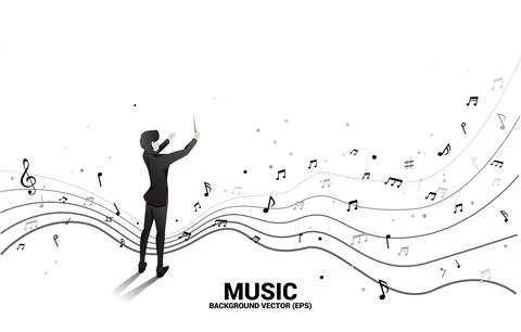 Vector silhouette of conductor standing with flying music note . Concept back Stock Illustration