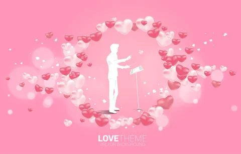 Vector silhouette of conductor standing with heart balloon flying . Concept b Stock Illustration