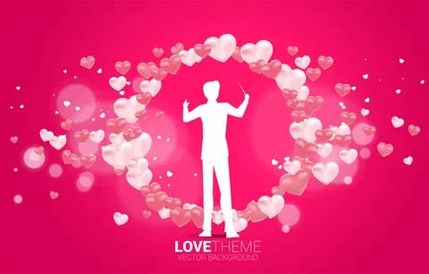 Vector silhouette of conductor standing with heart balloon flying . Concept b Stock Illustration