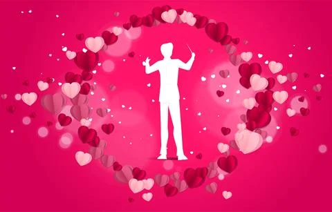 Vector silhouette of conductor standing with heart paper art flying . Concept Stock Illustration