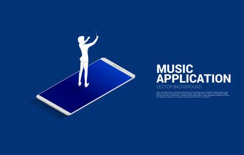 Vector silhouette of conductor standing on mobile phone. Concept background f Stock Illustration