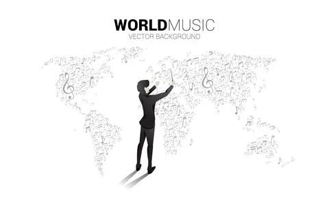 Vector silhouette of conductor with world map from music melody note dancing  Stock Illustration