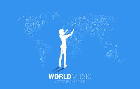 Vector silhouette of conductor with world map from music melody note dancing  Stock Illustration