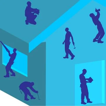 Vector silhouette of construction worker on the house. Symbol of home service Stock Illustration