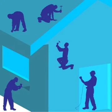 Vector silhouette of construction worker on the house. Symbol of home service Stock Illustration