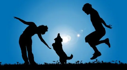 Vector silhouette of a couple with a dog. Stock Illustration